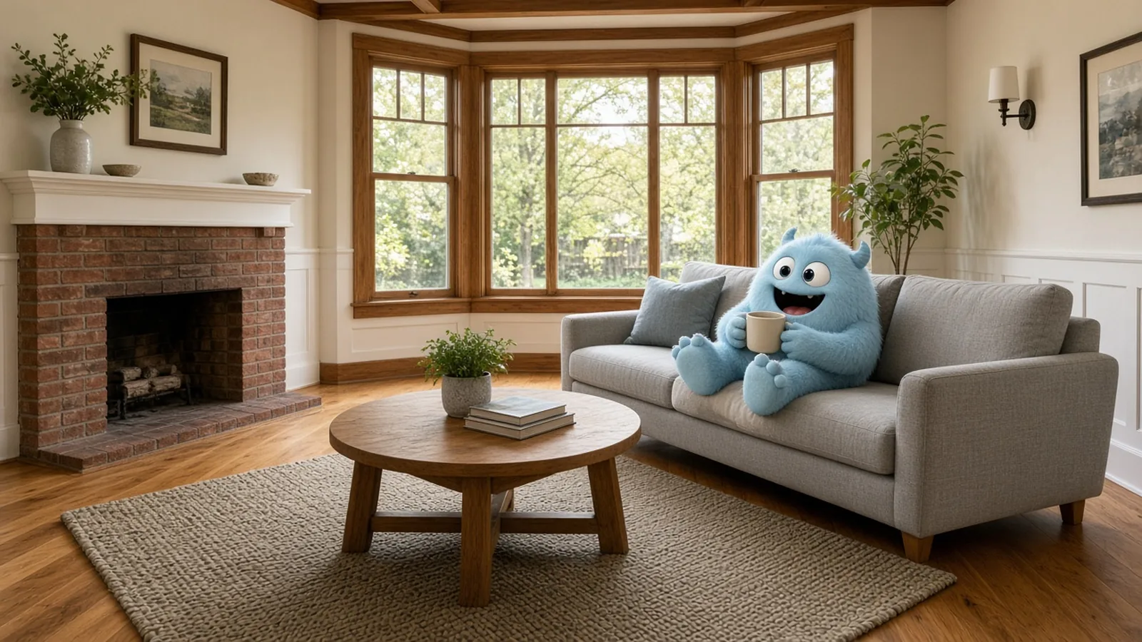 A bright, staged living room in a Victoria character home with fir floors, a brick fireplace and a wood-framed bay window, where a fluffy blue cartoon monster with big eyes and tiny horns lounges on the grey sofa holding a mug. The monster is obviously edited in.