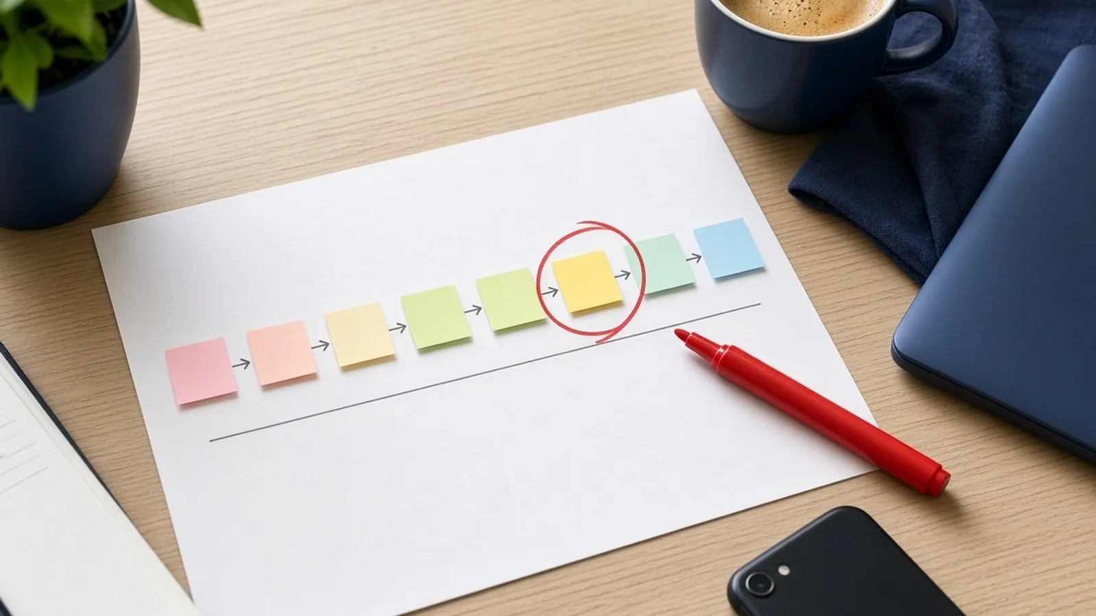 AI-generated image. A row of coloured sticky notes on a sheet of paper forms a simple timeline, with one note circled in red marker, beside a coffee cup and a laptop.