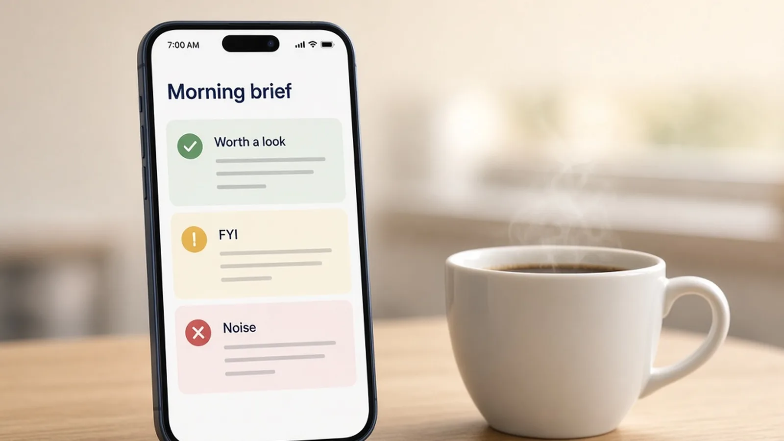 AI-generated image. A phone on a desk beside a cup of coffee shows a morning brief sorted into three groups: Worth a look, FYI and Noise.