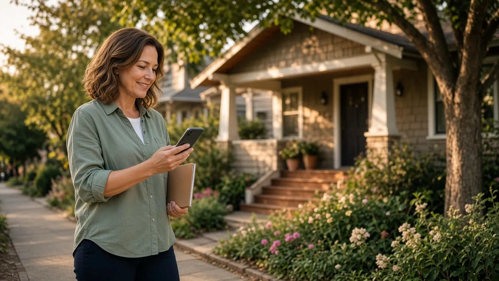 A real estate agent stands on the sidewalk outside a Craftsman style home with a front porch and garden, smiling as she records a voice note on her phone after a showing.