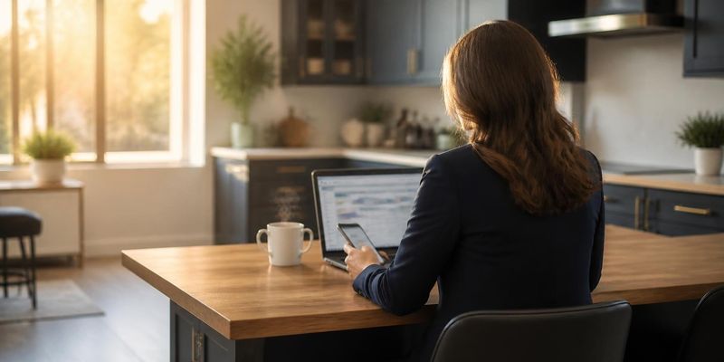A REALTOR at her kitchen desk in morning light, checking her phone beside a laptop and coffee