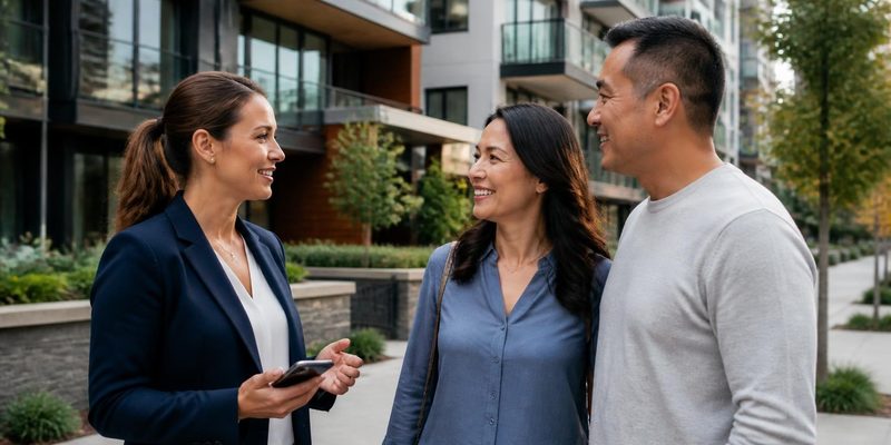 A smiling female REALTOR holding her phone while talking with two clients outside a modern condo building